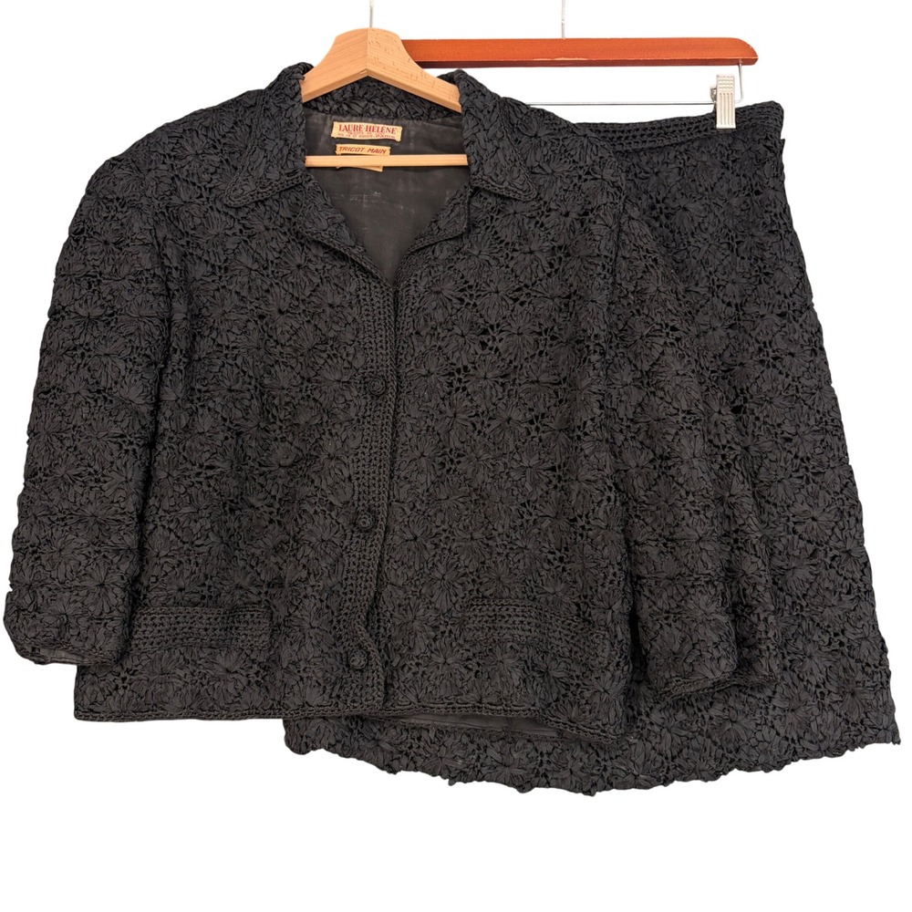 Laure-Helene Tricots De Luxe Vintage Black Ribbon Knit Skirt Suit Set France
